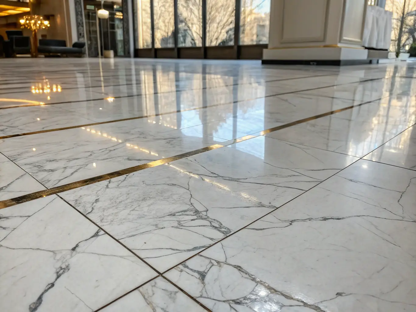 Galería de fotos de un proyecto de renovación de suelo en mármol en un espacio comercial, mostrando la calidad y precisión.