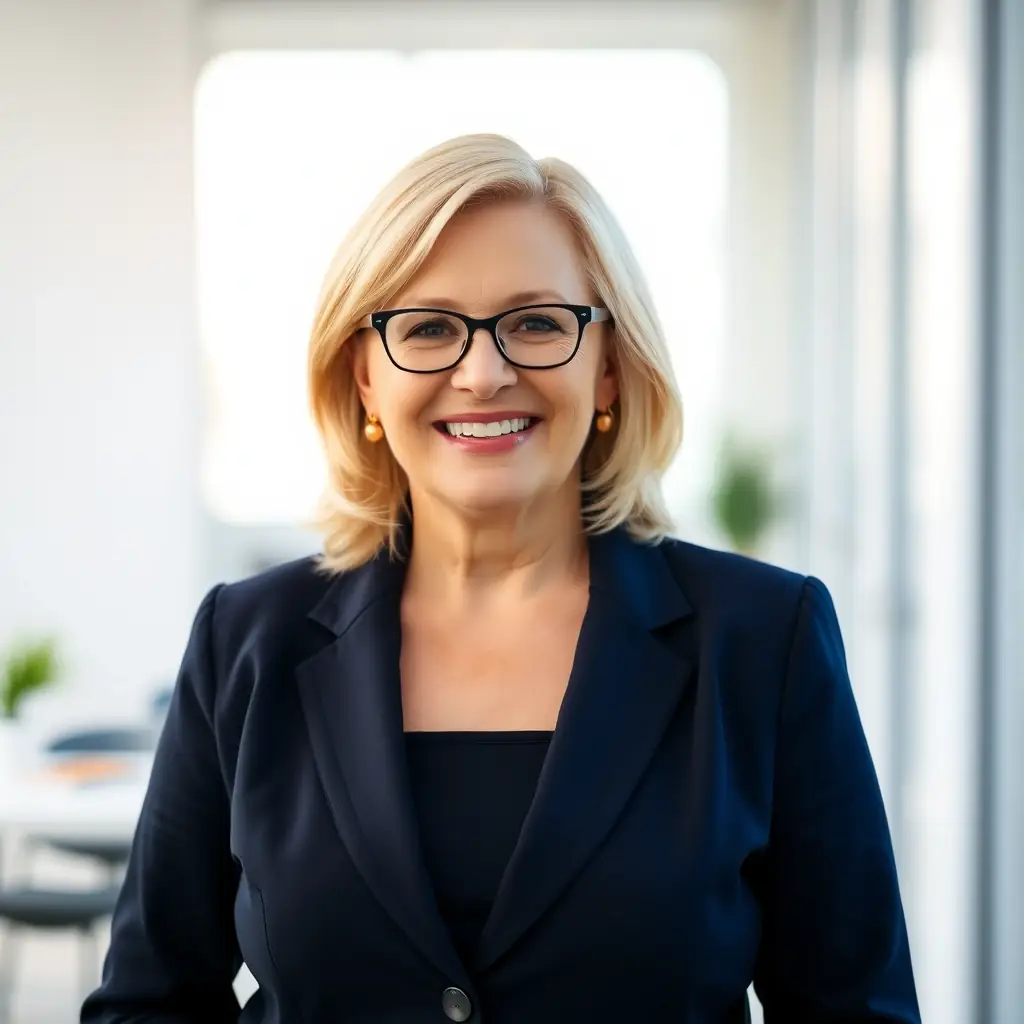 Alice is a woman in her late 30s with shoulder-length blonde hair and a warm, friendly smile. She wears glasses and a professional blazer.