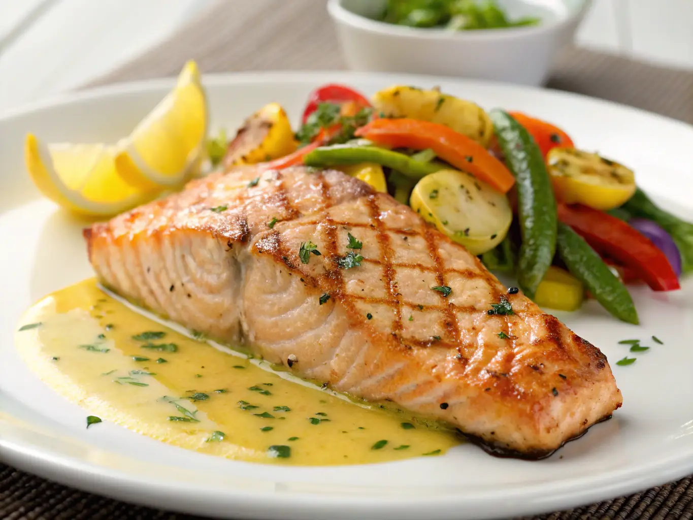 A close-up shot of a perfectly cooked air fryer salmon fillet, garnished with lemon wedges and fresh dill, showcasing its crispy exterior and flaky interior.