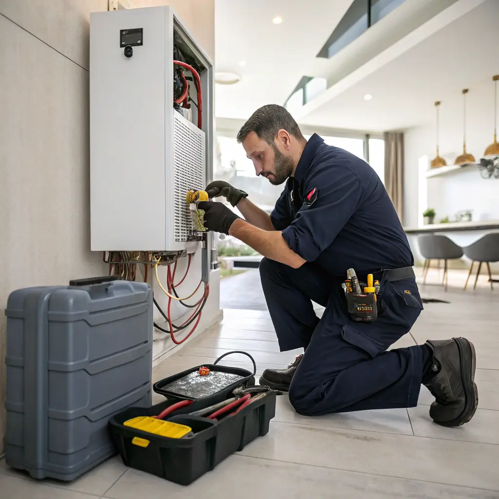 Image depicting a technician working on HVAC system in a modern villa, showcasing expertise and attention to detail.