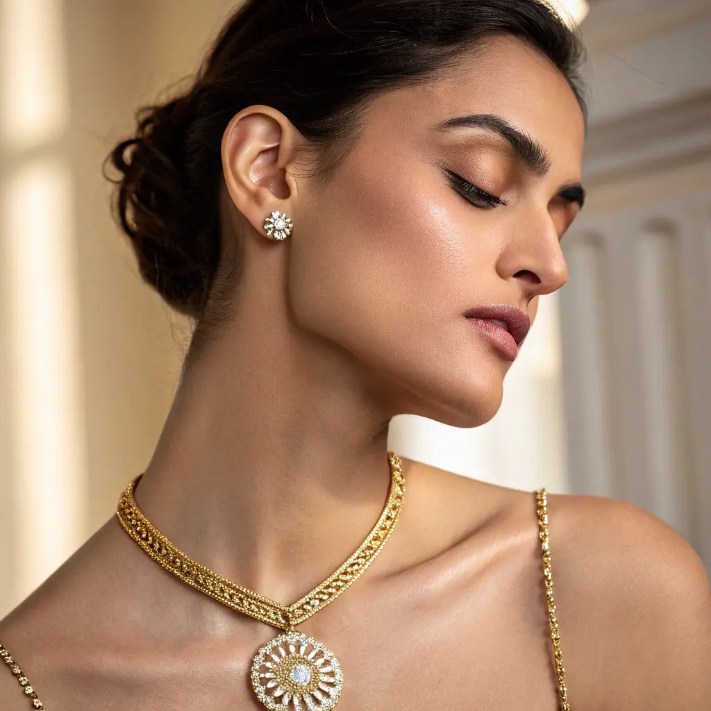 A lifestyle shot featuring a model wearing Loop & Luxe jewelry, showcasing the brand's modern luxury and clean minimalism aesthetic. The image should be bright, airy, and premium, with a focus on the jewelry's sparkle and texture.