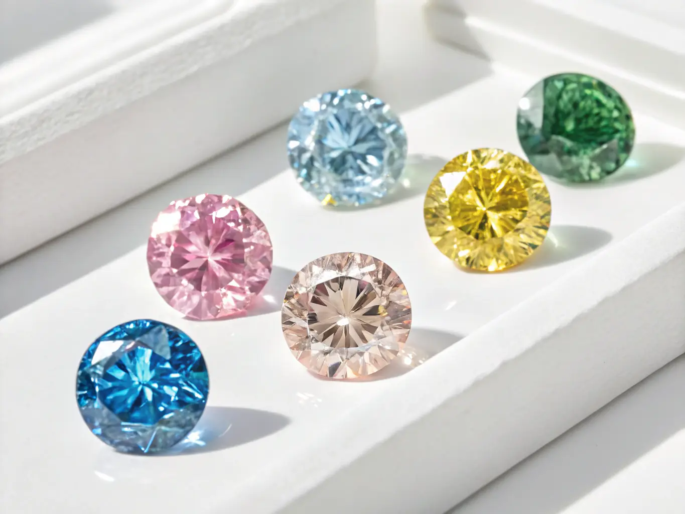 A close-up shot of a collection of rare, natural color diamonds, showcasing their unique hues and brilliance, set against a dark, luxurious background to emphasize their value and beauty.