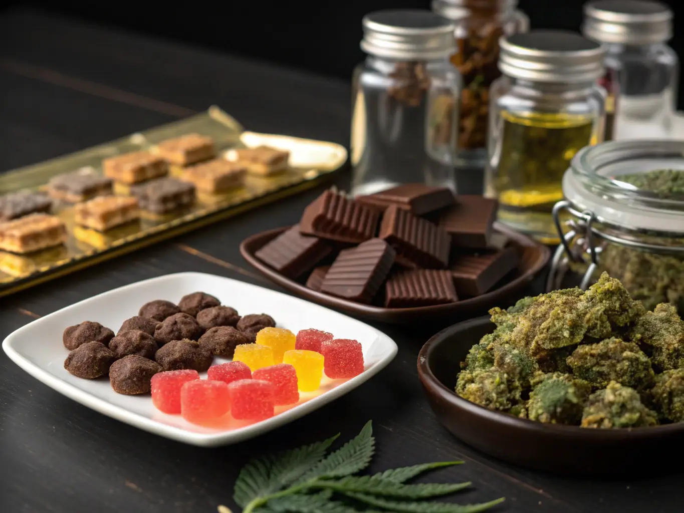 A close-up shot of various cannabis edibles, including gummies, chocolates, and infused beverages, arranged on a wooden surface.