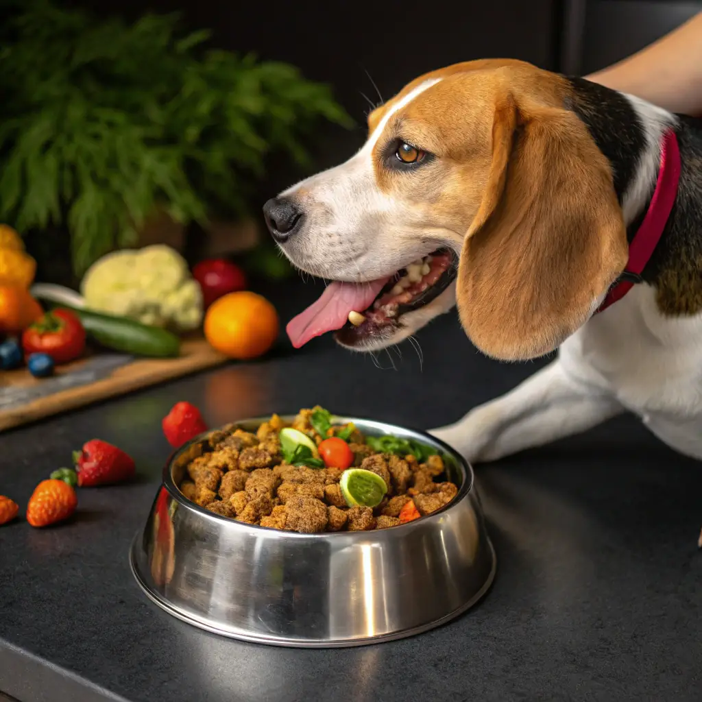 A happy and healthy dog enjoying a bowl of Kutyanatura's hypoallergenic salmon dog food in a bright, modern kitchen setting. The dog should be a medium-sized breed, such as a Beagle or Cocker Spaniel, with a shiny coat and wagging tail.