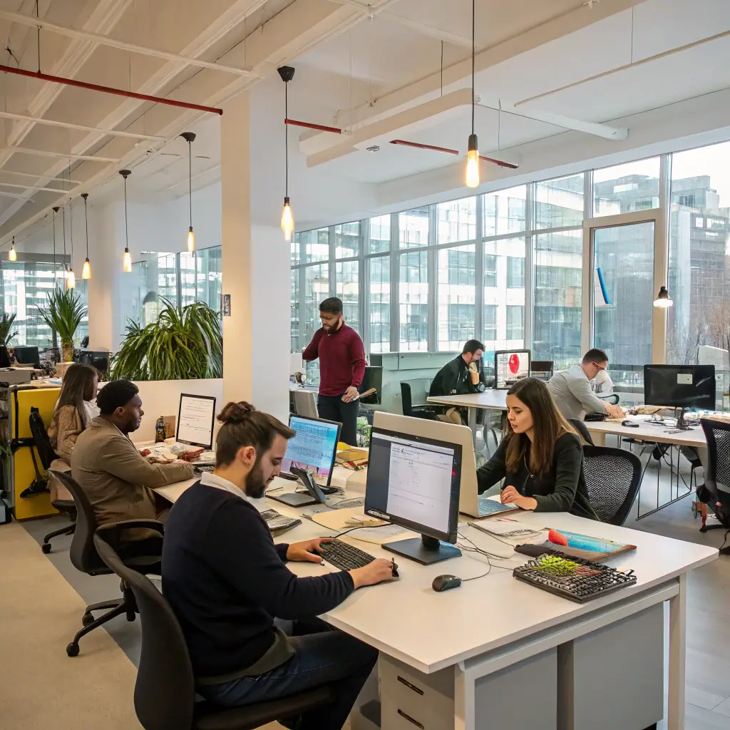 A professional office setting where employees are working on computers, emphasizing the secure handling of documents and data within a modern office environment. The image should convey trust and reliability.
