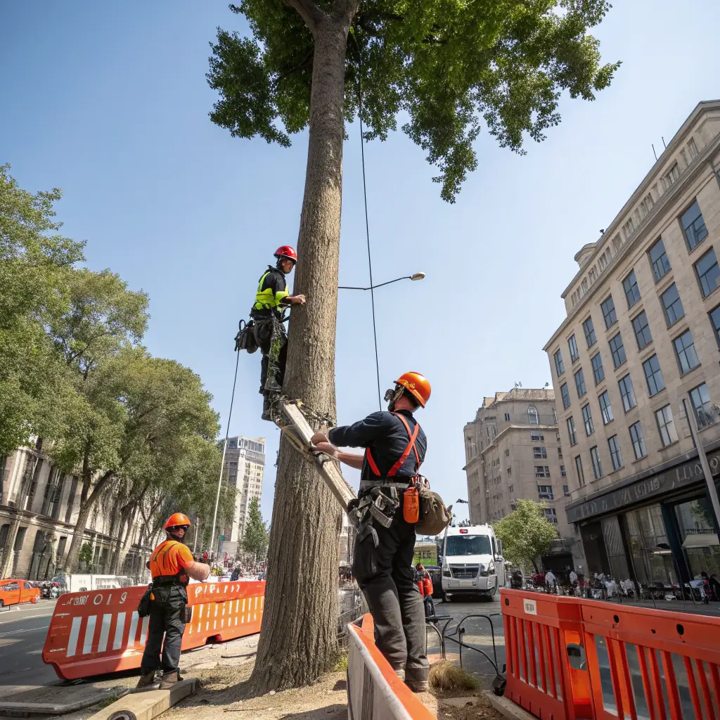A professional tree service team from J.T.E & Company carefully removing a large branch from a tall tree in a residential area of Oxford, MA, showcasing their expertise and safety measures. The scene should convey a sense of professionalism, environmental responsibility, and customer trust.