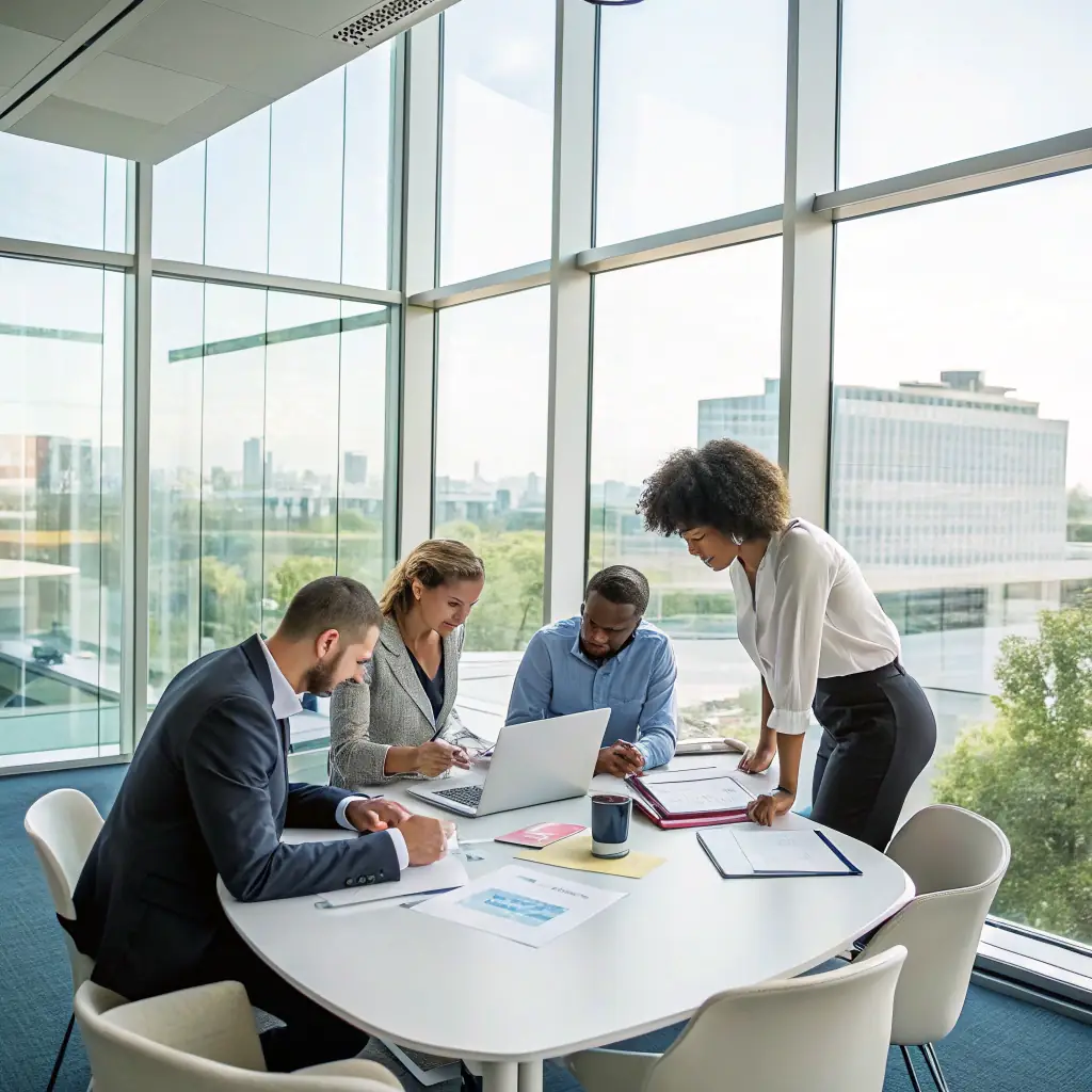 A diverse group of professionals from various ethnic backgrounds collaborating in a modern, open-plan office space, symbolizing BridgesPro Connect's global network and inclusive environment.