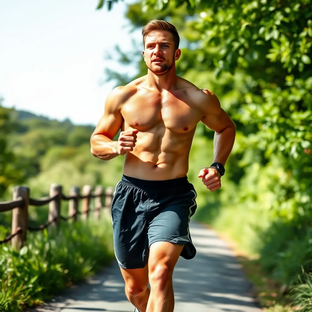 An athlete in peak condition, mid-run, looking strong and determined. The background shows a scenic outdoor trail, emphasizing the connection between nutrition and athletic performance.