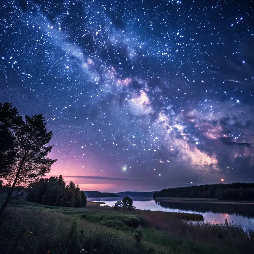 a panoramic image of the night sky over Marari Beach, featuring visible constellations and telescopes set up on the sandy shore, with a clear, starry background
