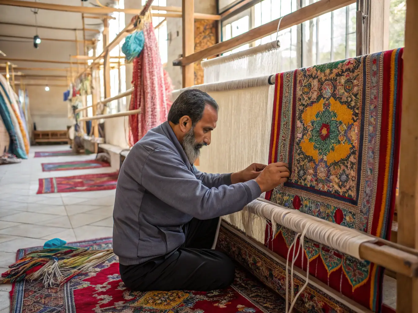 A skilled artisan meticulously hand-knotting a vibrant Indian carpet, showcasing the intricate craftsmanship and rich cultural heritage.