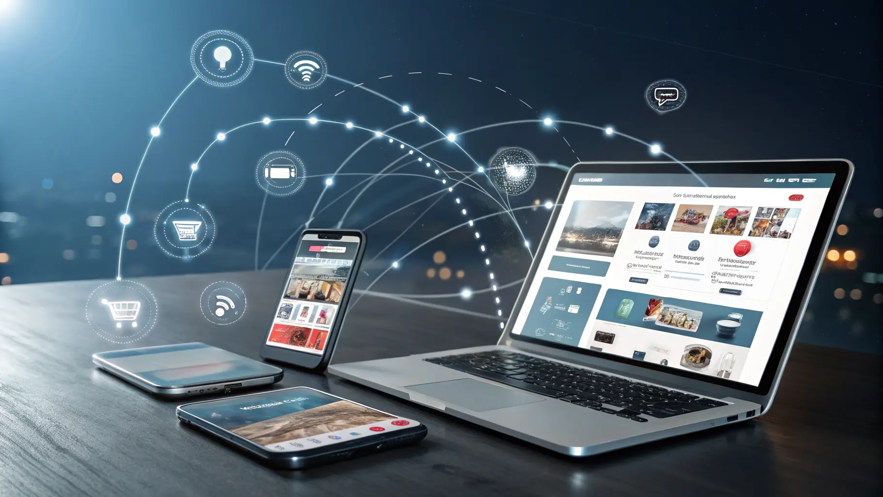 A dynamic collage of Walmart storefronts and digital marketplace screens, featuring vibrant images of Walmart products on devices and in parking lots, emphasizing innovation and market reach.