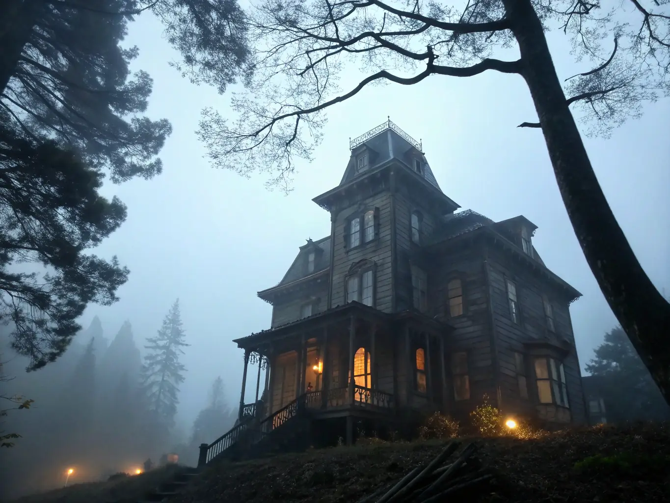 A dark and imposing mansion on a hill, shrouded in mist, with a single light flickering in an upper window. The image should evoke a sense of mystery and foreboding, reflecting the gothic themes of the book 'Oak Hill Mansion'.