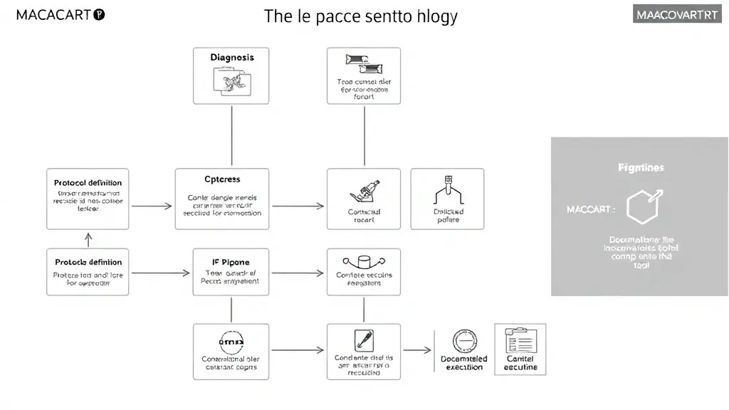 A detailed process diagram illustrating the MACOART conservation methodology, including phases like diagnosis, protocol definition, controlled execution, and documentation, emphasizing scientific rigor and craftsmanship.