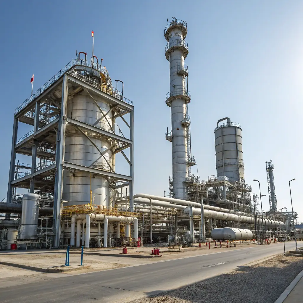 Aerial view of KHORGOS PETROLEUM REFINERY in Kaskelen City, Kazakhstan, highlighting its location along the Almaty–Bishkek Highway. The image should emphasize the refinery's industrial infrastructure and its proximity to transportation routes.