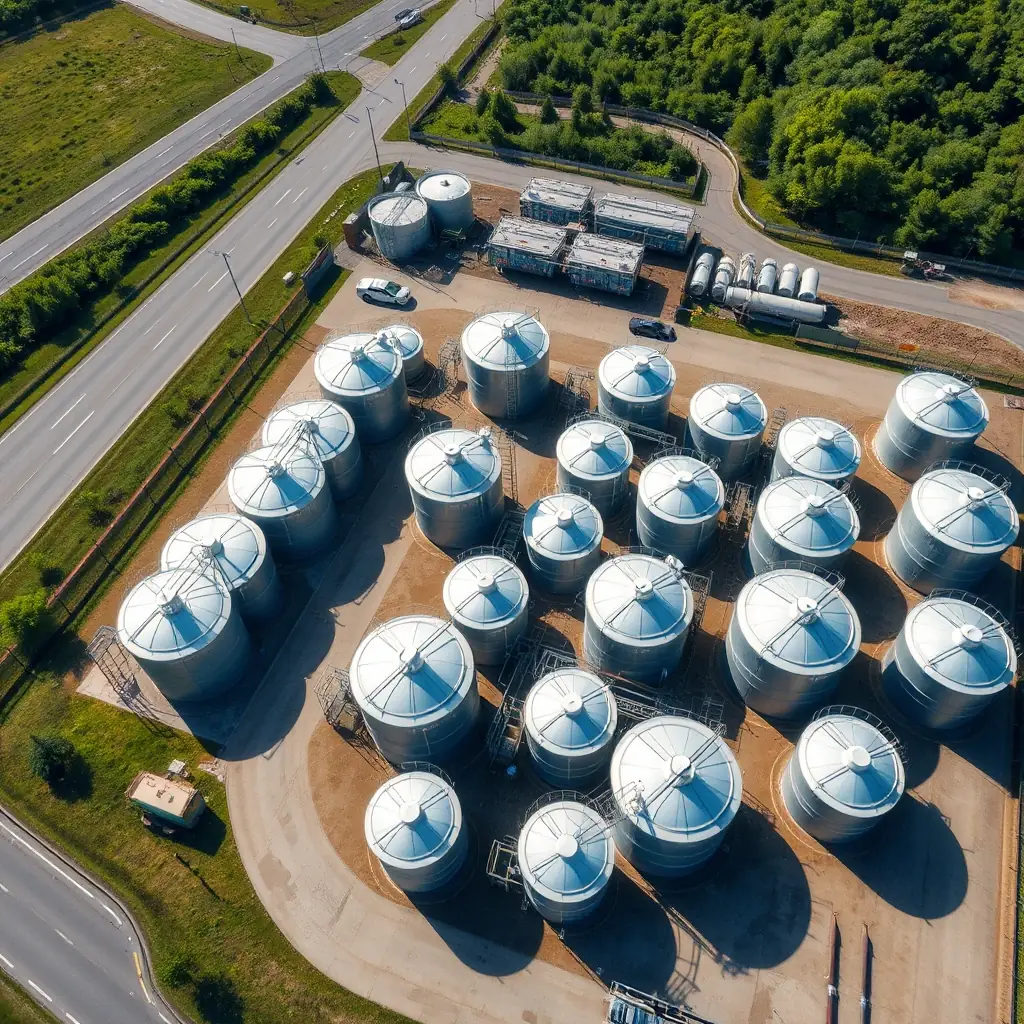 An aerial view of STORAGE SG PTE. LTD.'s tank farm, showcasing the secure perimeter, surveillance systems, and robust infrastructure.