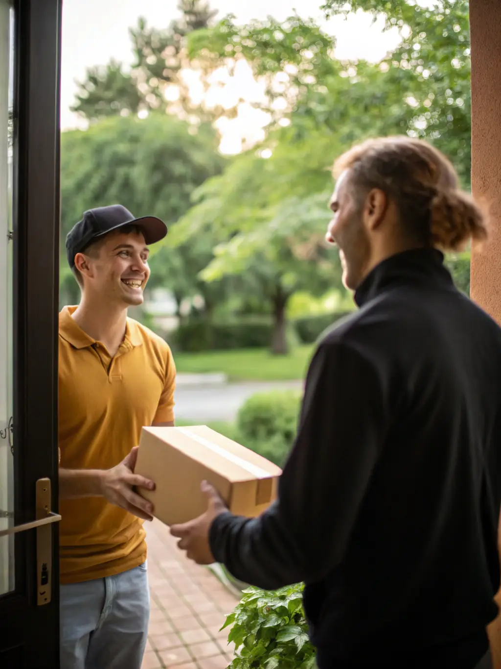 A photograph of a delivery person smiling while holding a delivery bag, with a focus on their face and the company logo on the bag, set against a backdrop of a local neighborhood.