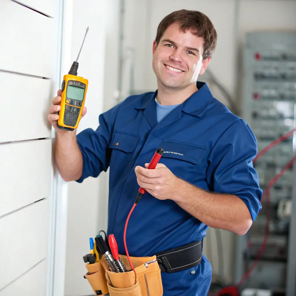 A smiling electrician in uniform, holding a screwdriver, clean white background, professional portrait.
