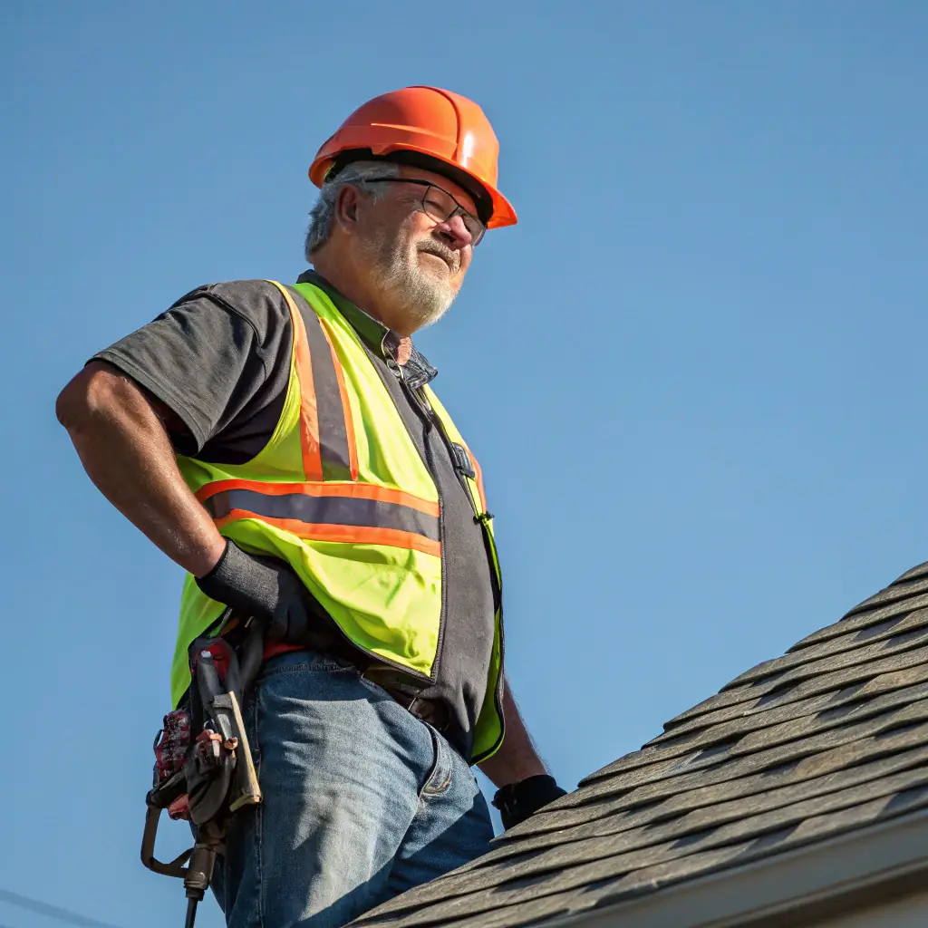 A smiling roofer in uniform, standing on a roof, clean white background, professional portrait.