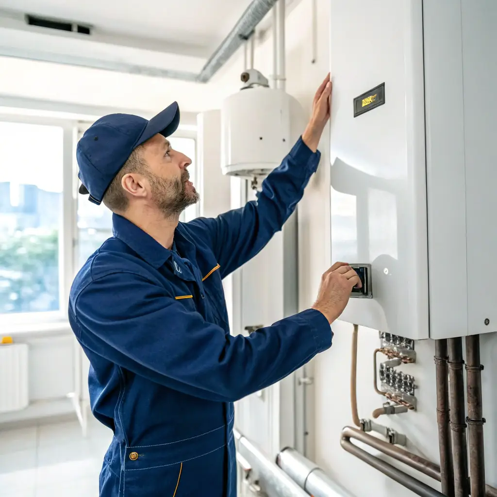 A smiling HVAC technician in uniform, holding a gauge, clean white background, professional portrait.