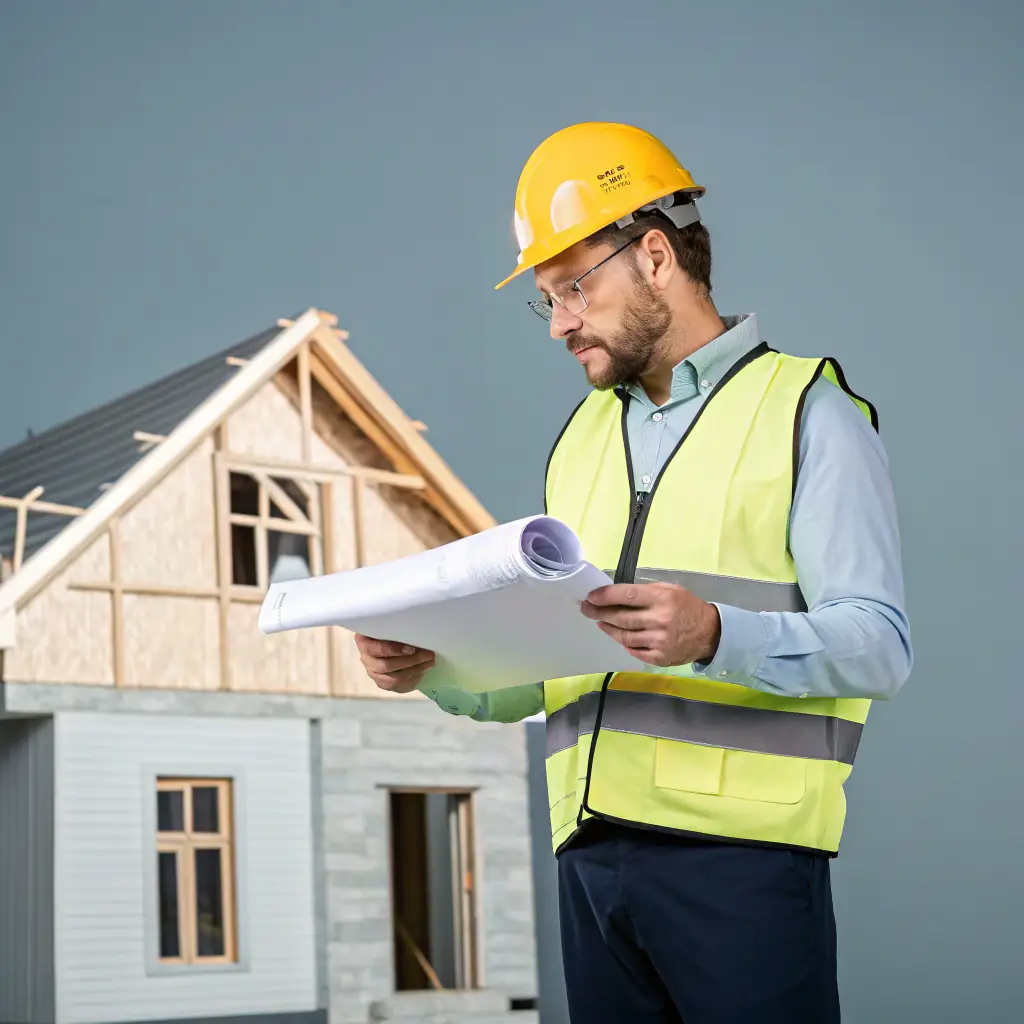 A smiling general contractor in uniform, holding a blueprint, clean white background, professional portrait.
