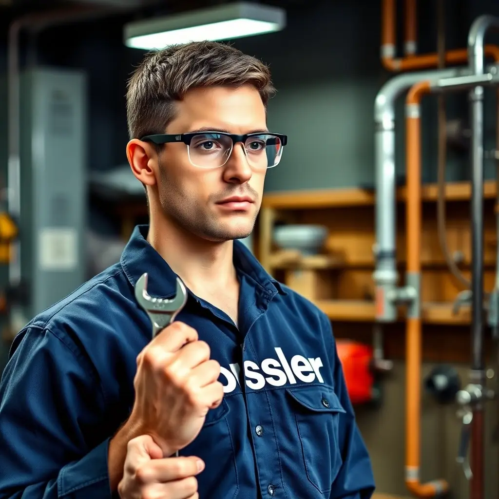 A smiling plumber in uniform, holding a wrench, clean white background, professional portrait.