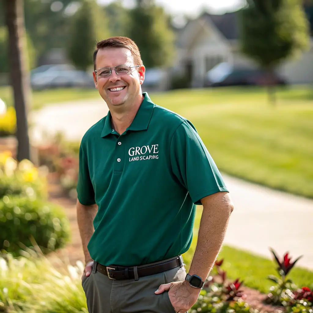 A smiling landscaper in uniform, holding a shovel, clean white background, professional portrait.