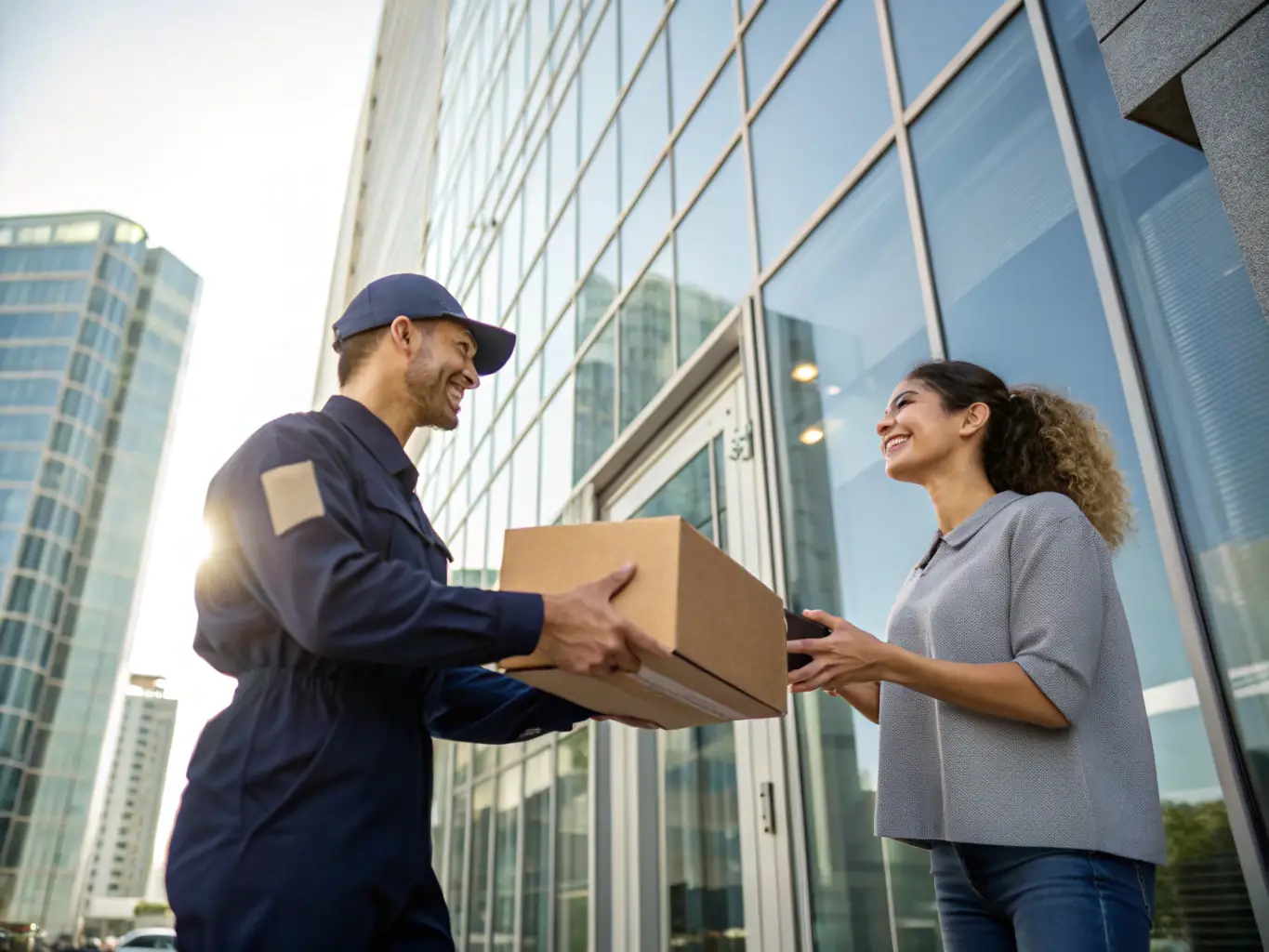 A delivery driver handing a package to a customer in Washington DC.