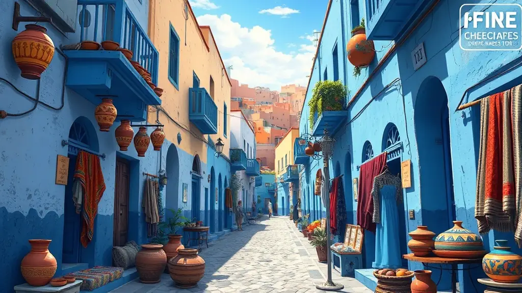 A bustling scene in the medina of Chefchaouen, with blue-washed buildings and local vendors.