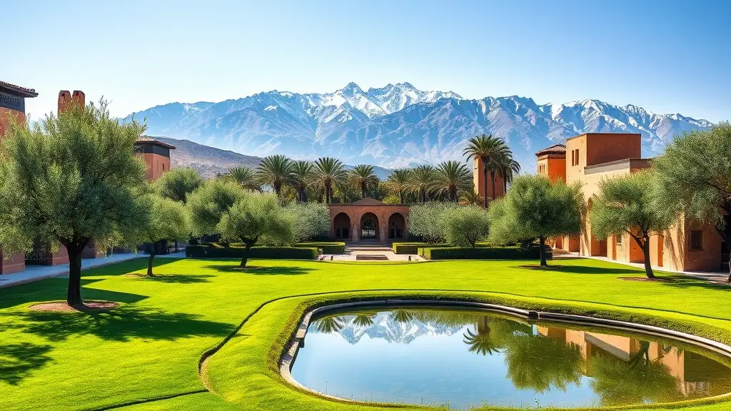 A view of the Marrakech Menara Gardens, with the Atlas Mountains in the background.