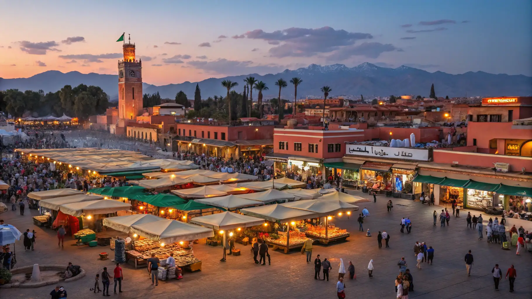 A bustling scene in Djemaa el-Fna square in Marrakech, with food stalls, storytellers, and performers.