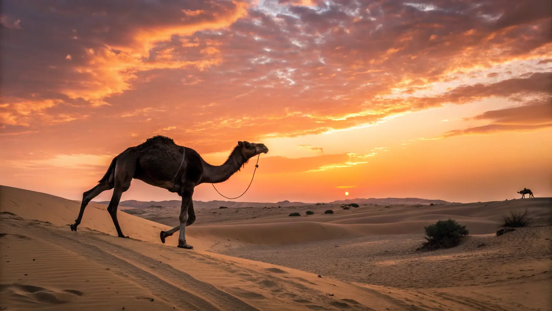A camel caravan traversing the Erg Chebbi dunes in the Sahara Desert at sunset.