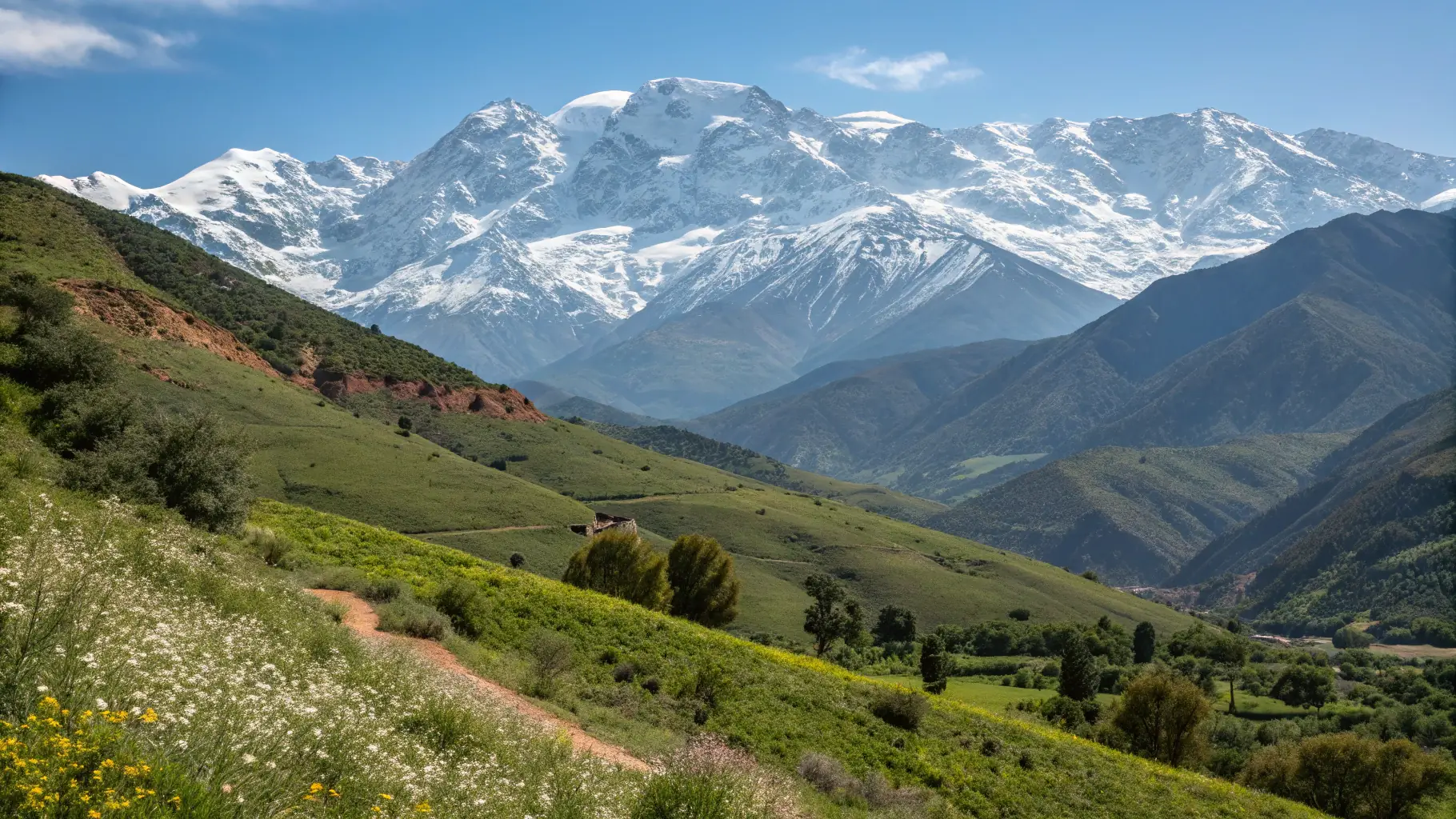 A view of the High Atlas Mountains, with snow-capped peaks and Berber villages.