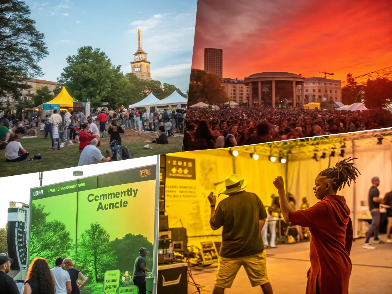 A vibrant collage of live event scenes, capturing the energy and atmosphere of FETES ET ANIMATIONS BOZASIENNES' productions.