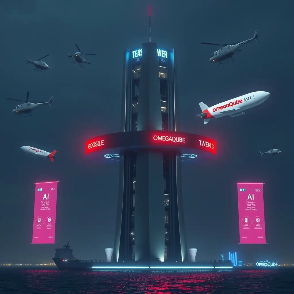 A rooftop meeting with a Meta blimp, an X-wing fighter parked nearby, and logos of Google, X, Yahoo, Bing, and LinkedIn visible. R2-D2 is present, along with a large OmegaQube emitting sun rays, an AI robot team, SEO gurus, and logos of Yext and Birdeye, representing various directories.