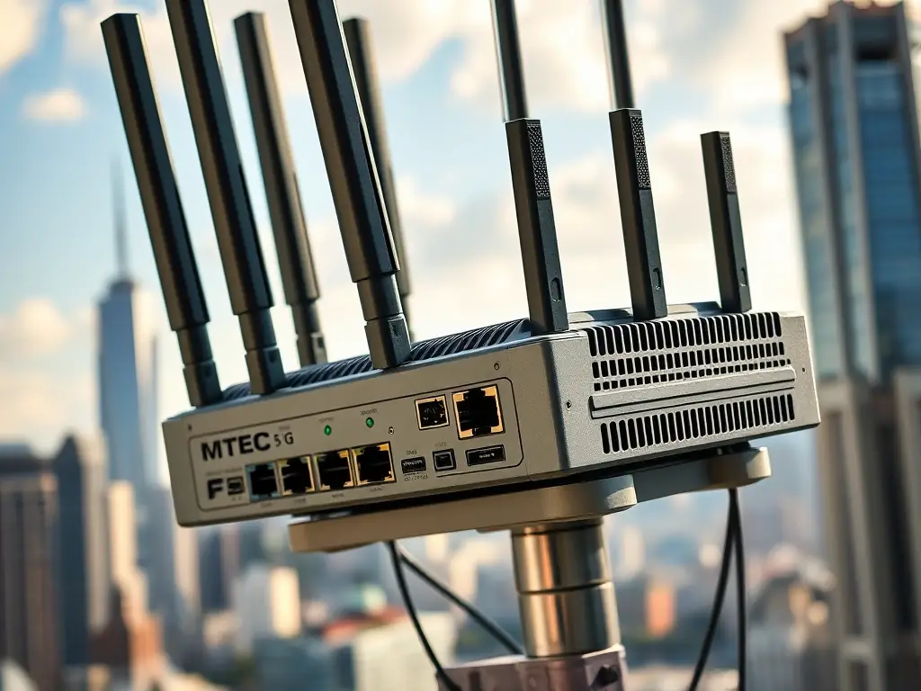 Close-up of CELINTECH's high-performance outdoor 5G router with antennas and Ethernet ports, showcasing rugged design and advanced features.