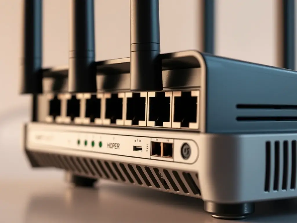 A detailed image of the router's ports and antennas, emphasizing technical specifications and build quality.