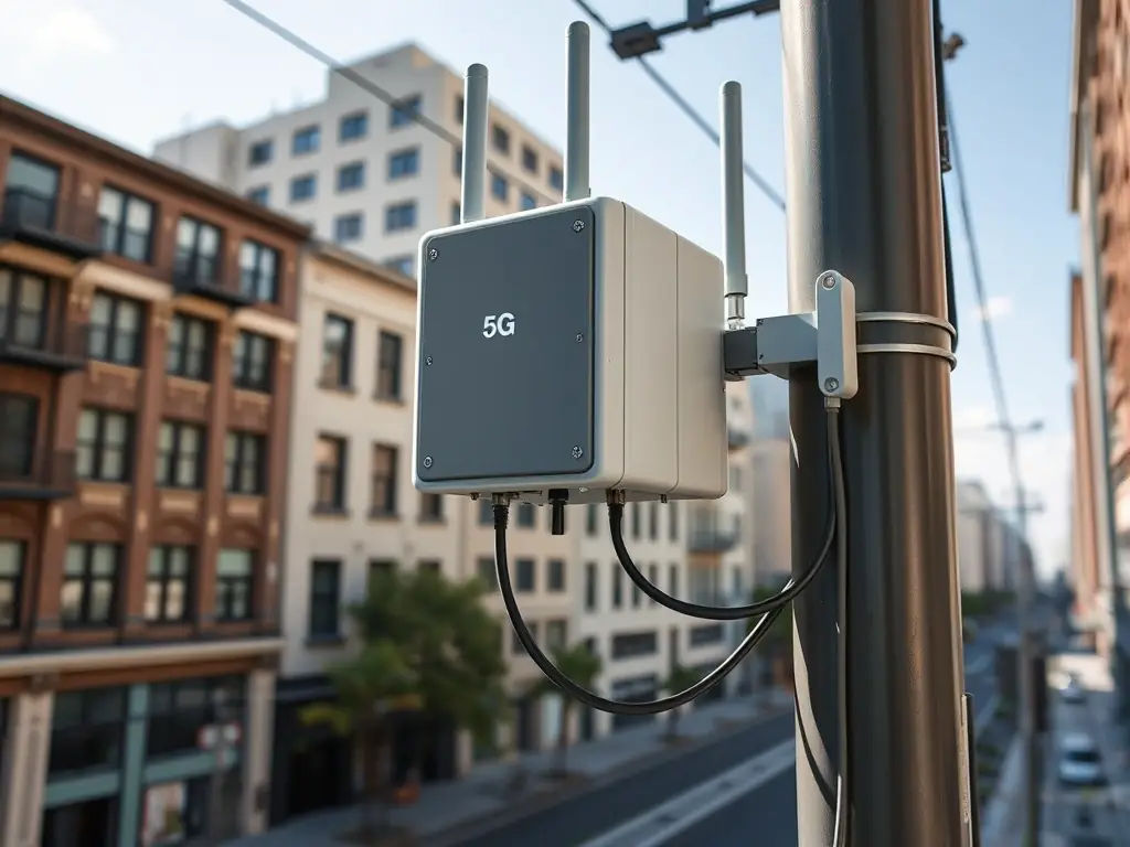 An industrial outdoor 5G router mounted on a pole in a city environment, demonstrating real-world deployment scenarios.