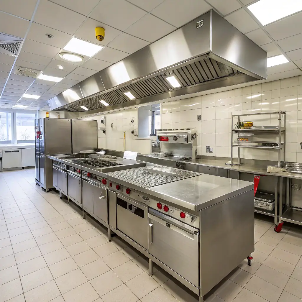 A high-quality, professional photograph of a clean, modern commercial kitchen featuring prominent stainless steel exhaust hoods. The kitchen should be well-lit and show various cooking stations underneath the hoods.