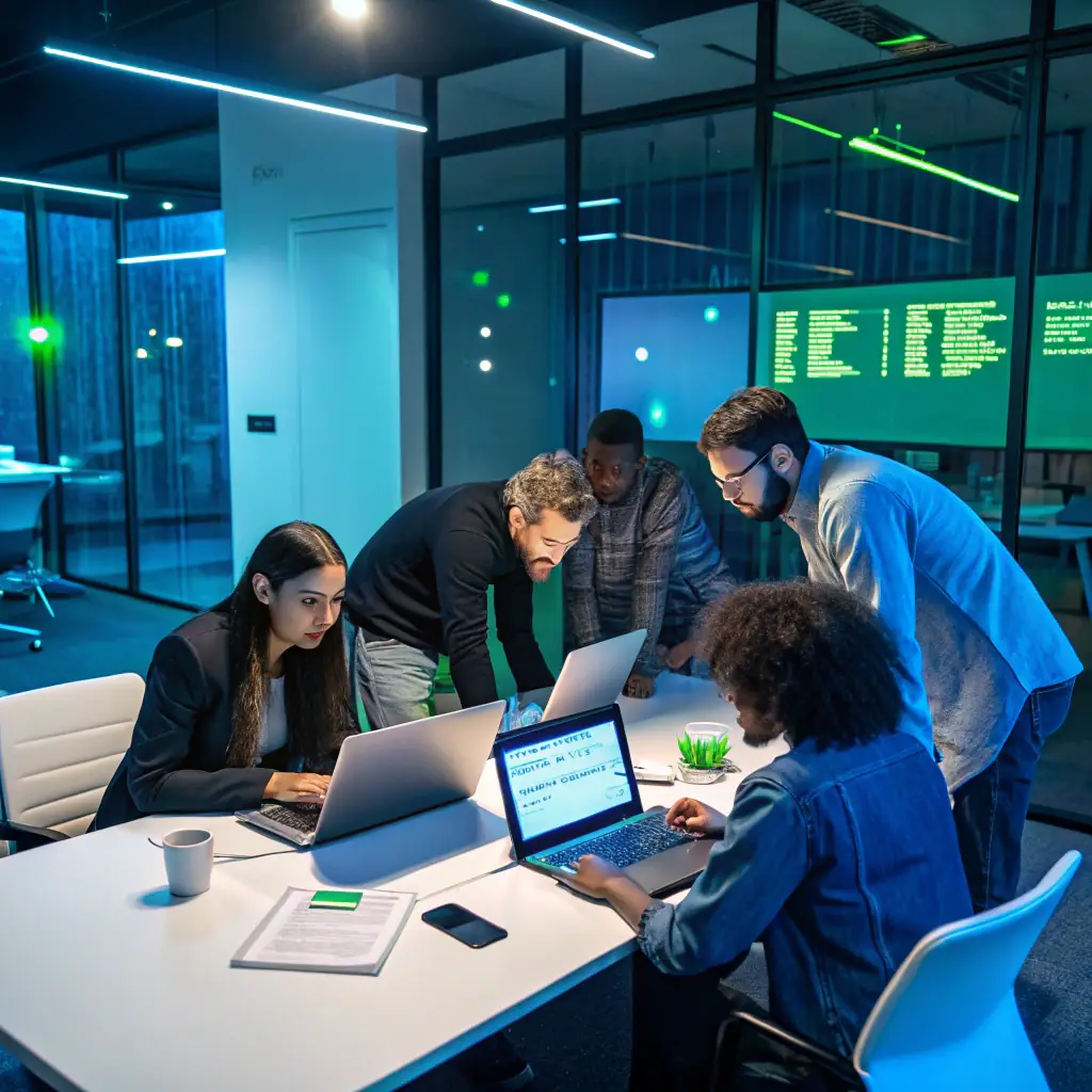 A professional team of cybersecurity consultants collaborating on a complex identity management solution, showcasing OnWire's expertise and collaborative approach.