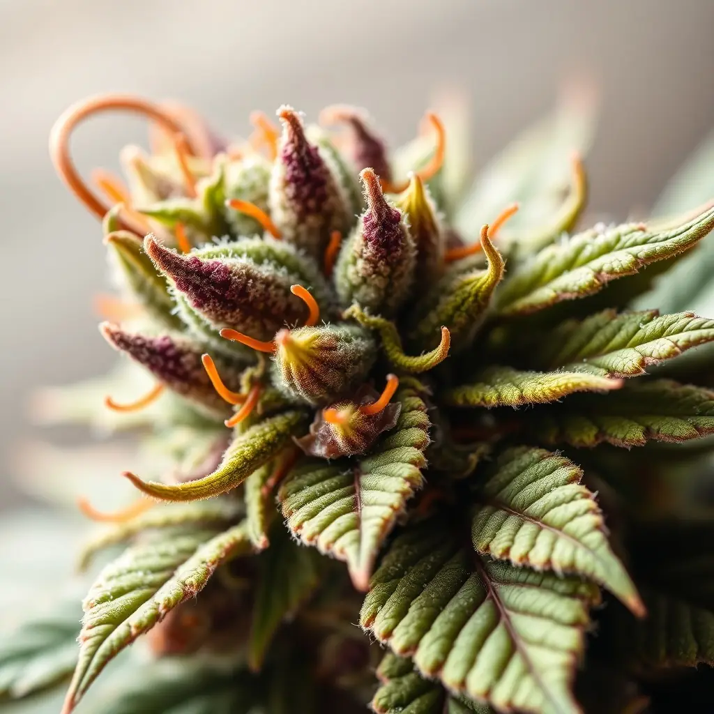 A close-up shot of Gelato Cake Flower, showcasing its dense, resinous buds, bright green color with purple highlights, fiery orange pistils, and thick, sparkling trichome coverage.