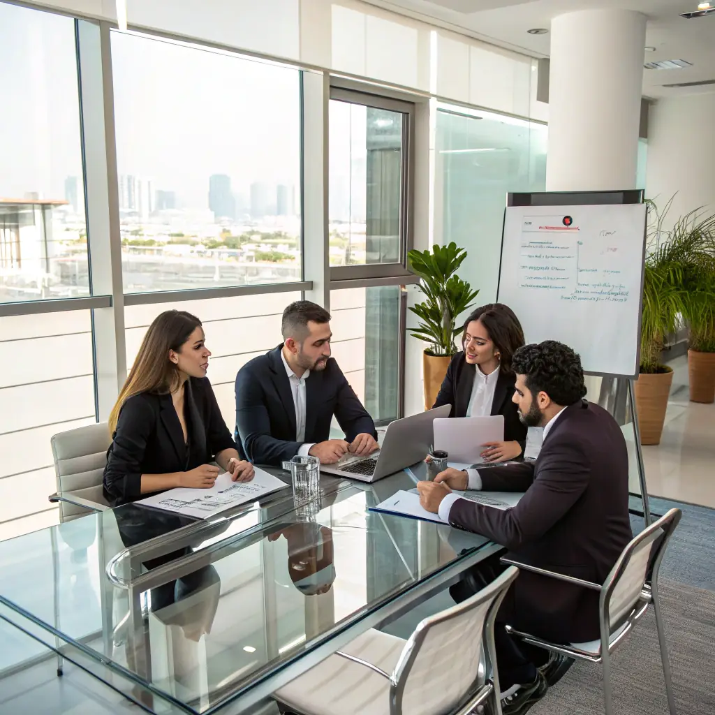A photo of a diverse team collaborating in a modern office setting, symbolizing partnership and support for IVF procedures in Georgia. The image should convey trust, professionalism, and a focus on patient care.