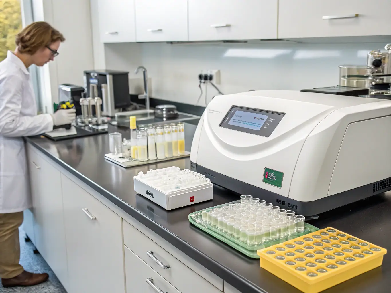 A set of HACCP instruments including thermometers, pH meters, and sanitizing equipment, arranged on a clean stainless steel surface.