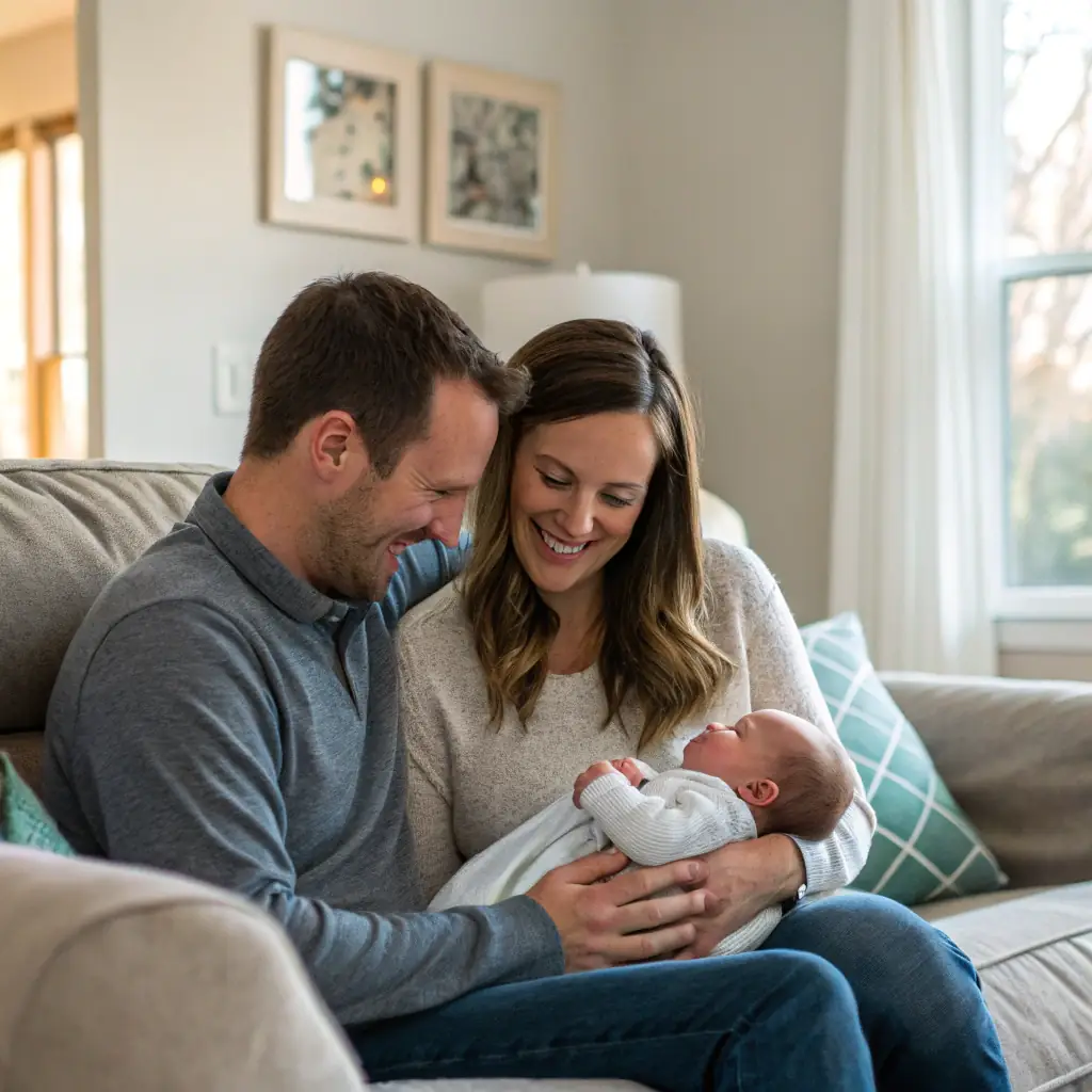 A family happily holding their newborn baby in a modern clinic setting in Tbilisi, Georgia, symbolizing the successful completion of the IVF process and the beginning of their journey as parents, with a focus on the administrative aspects.