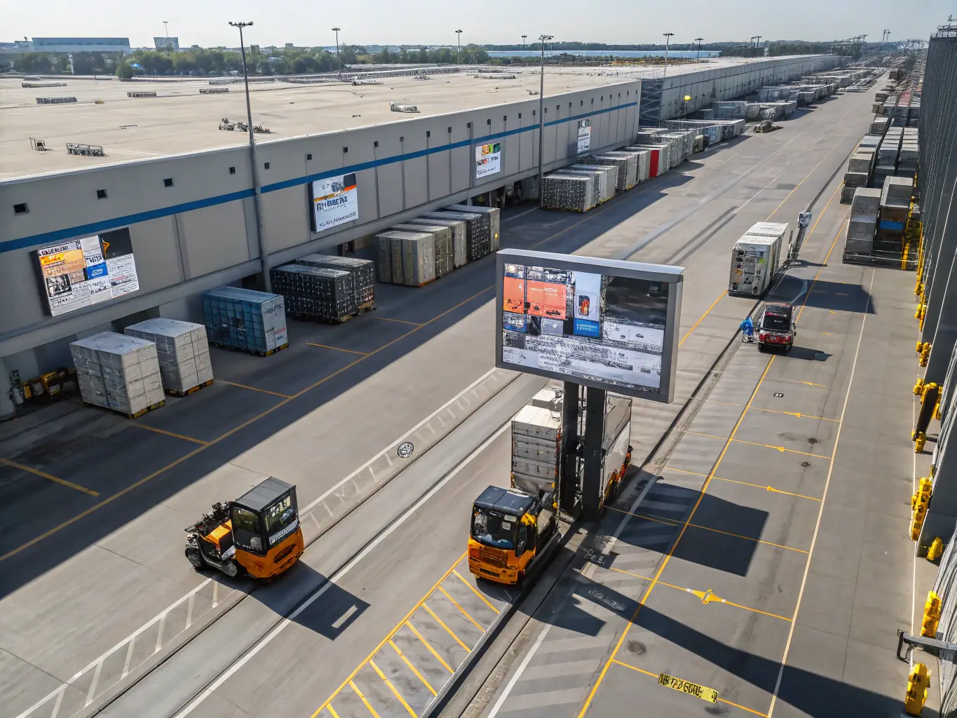 A busy logistics yard with trucks and containers, highlighting the importance of security in managing valuable assets and preventing theft.
