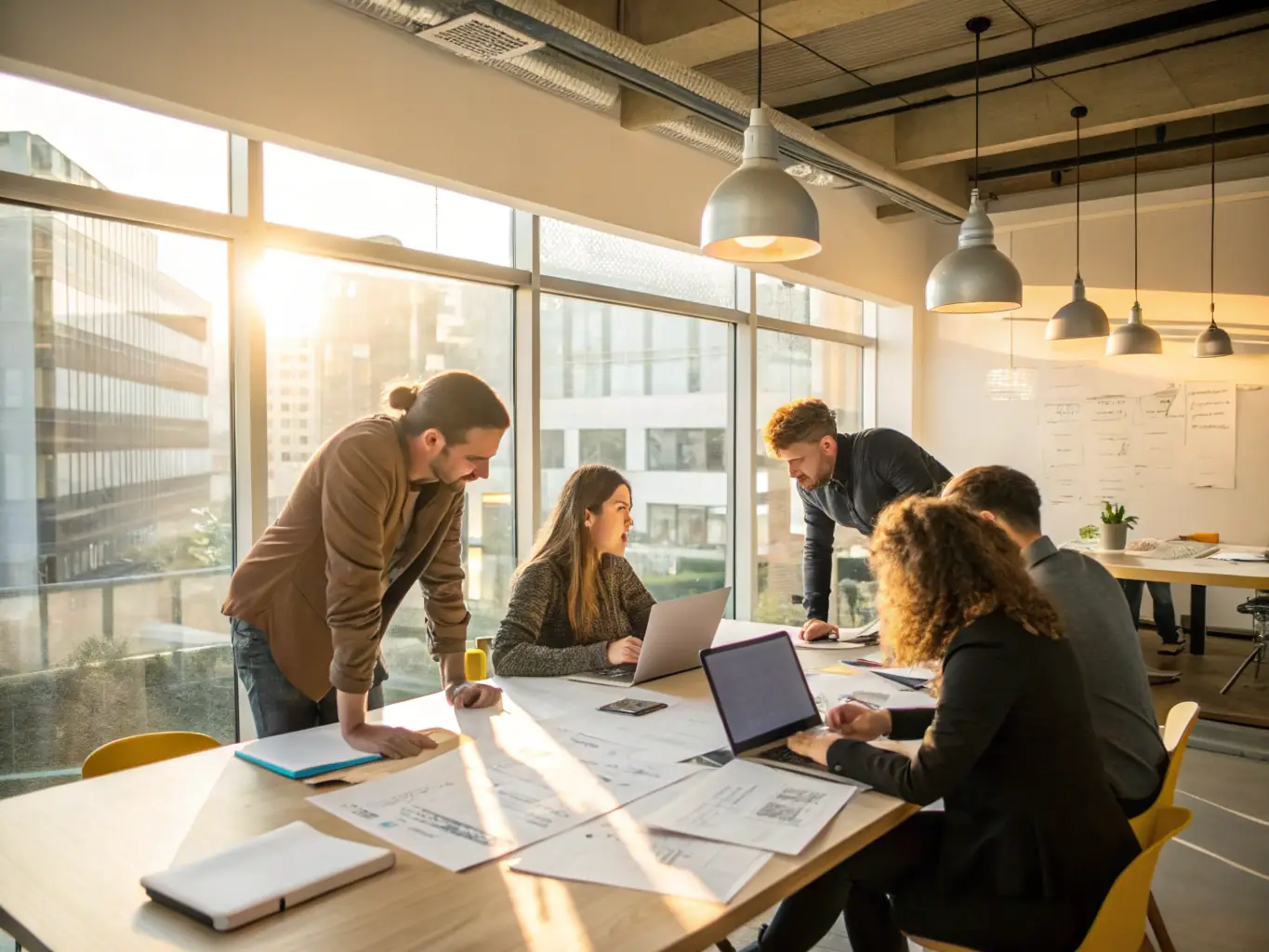 A professional office environment with employees collaborating on design projects.