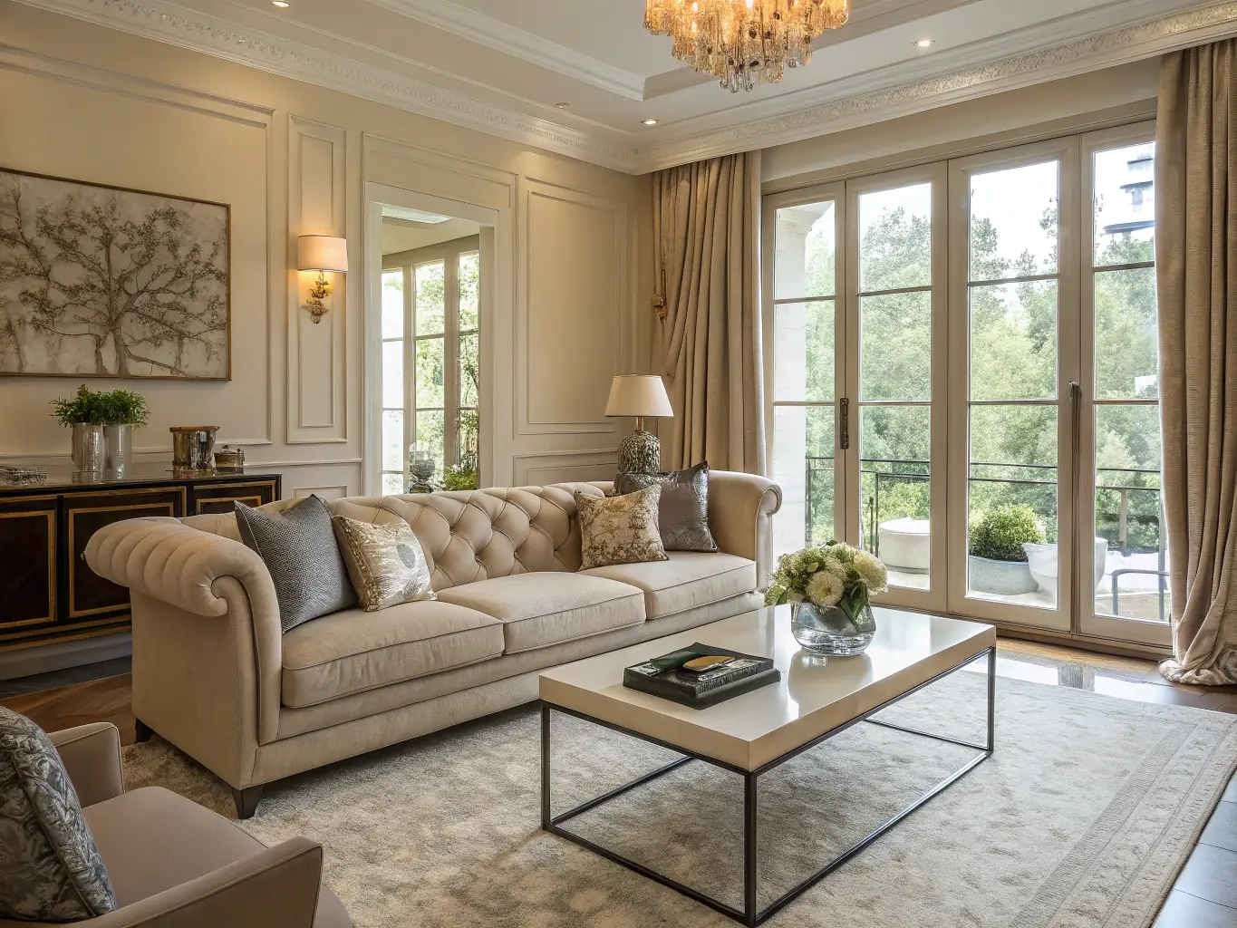interior shot of a spacious 3BHK villa living room with modern decor and comfortable seating