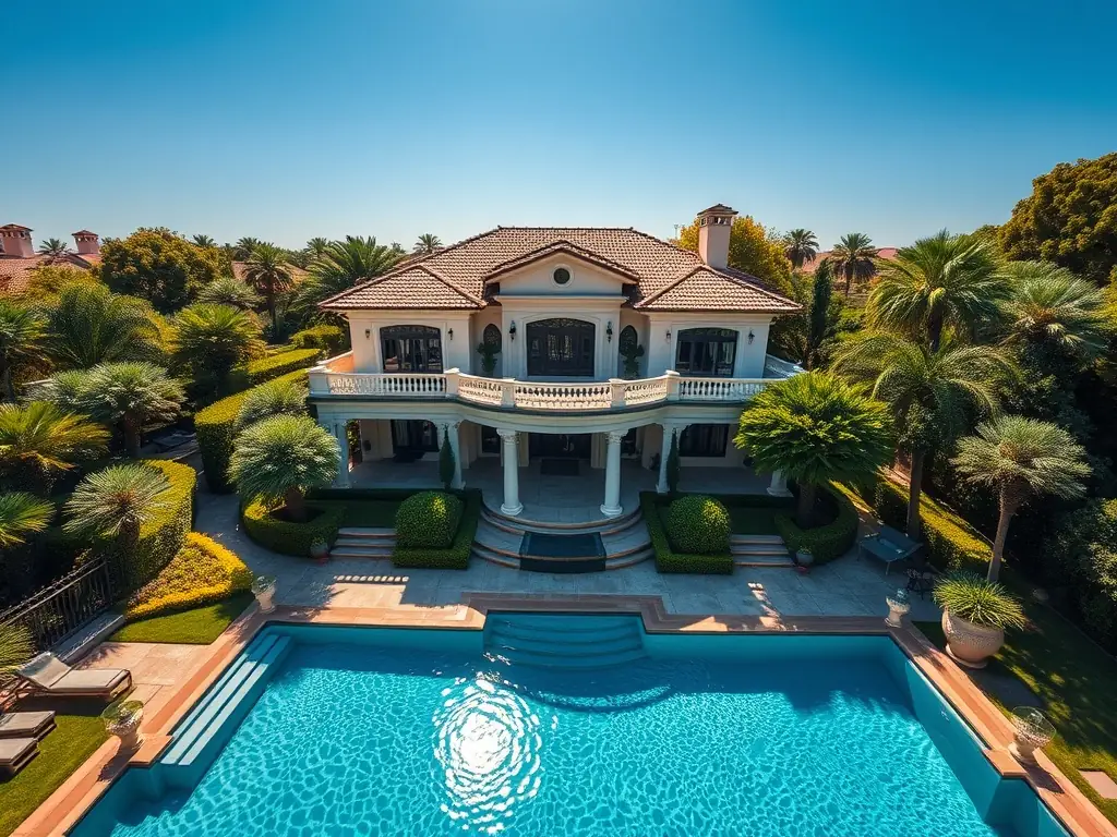 a panoramic view of a 4BHK villa with a private pool and landscaped garden, emphasizing luxury and outdoor living
