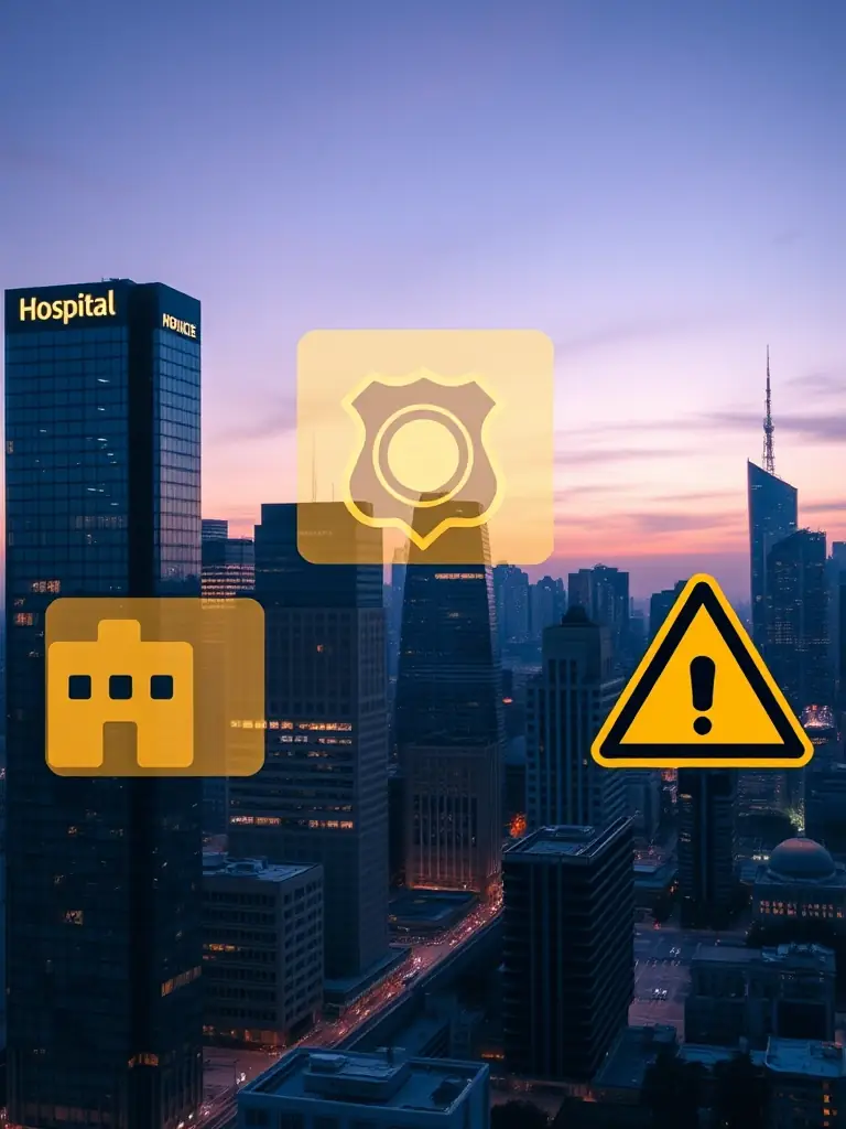 A high-resolution image depicting a modern city skyline with various public service icons overlaid, representing the application of ARPANET's technology in public institutions for early warning systems and social reaction measurement.