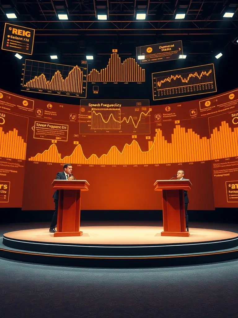 An image depicting a political debate with data visualizations highlighting speech patterns and discourse analysis, showcasing ARPANET's capabilities for political structures.