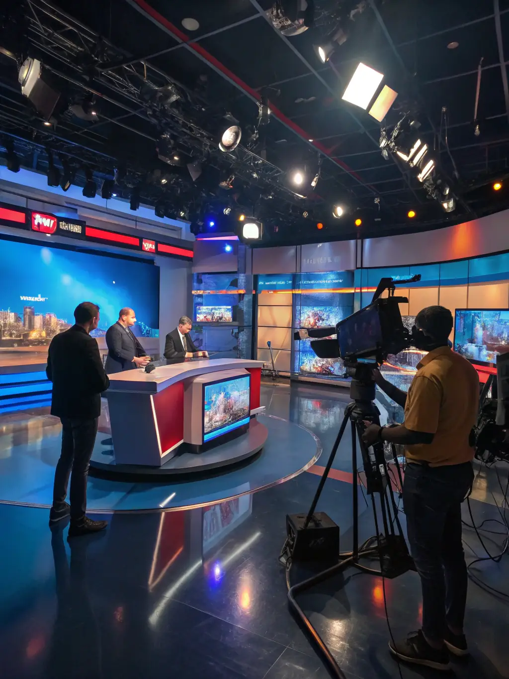 An image showcasing a news studio with data overlays representing viewership engagement maps and agenda management, illustrating ARPANET's solutions for media agencies.